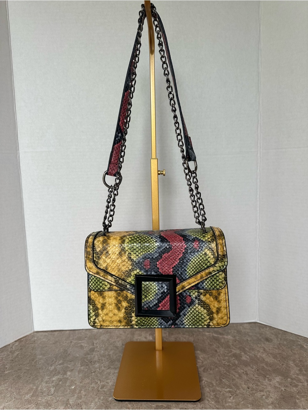 Vegan Leather Python Embossed Flap Shoulder Bag Colorful Animal Print Purse